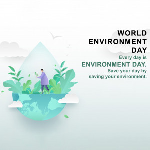 Illustration of a person planting a tree inside a water droplet with the Earth below, celebrating World Environment Day.