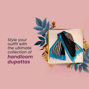 A framed handloom dupatta with floral decorations and text promoting a collection.