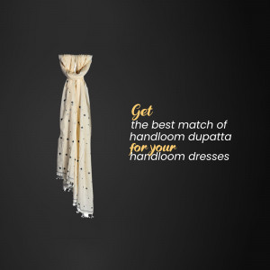 Beige handloom dupatta with tassels against a dark background with text promoting matching dupattas for dresses.