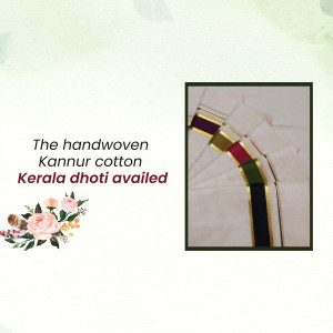 A display of handwoven Kannur cotton Kerala dhotis in various colors.