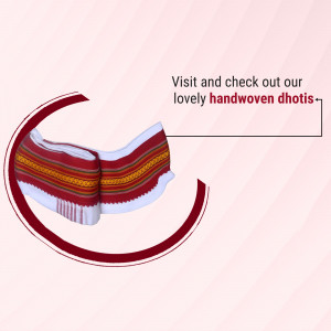 Close-up of a beautifully handwoven dhoti with a promotional text.