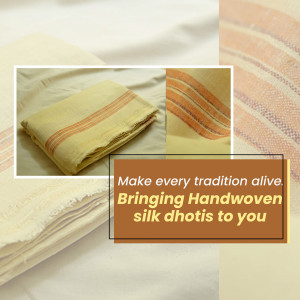 Close-up of folded handwoven silk dhotis with a promotional text overlay.