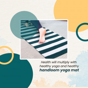 Person's feet on a striped handloom yoga mat with abstract shapes