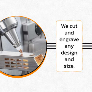 CNC machine cutting and engraving metal with text 'We cut and engrave any design and size'
