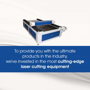 Blue and white laser cutting machine with text overlay