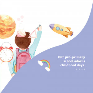 Illustration of a child looking at a rocket ship with science elements and a rainbow.