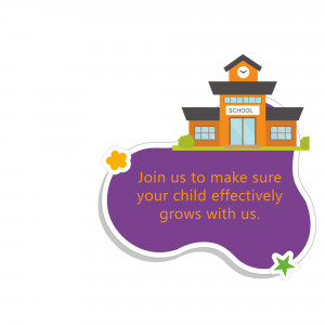 Illustration of a school building with a promotional message.