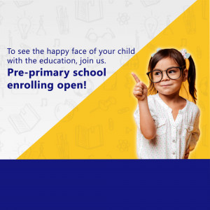 A young girl wearing glasses points upwards with a happy expression, promoting pre-primary school enrollment.