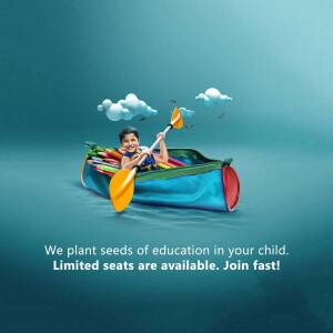 A child paddling a pencil case boat with school supplies.