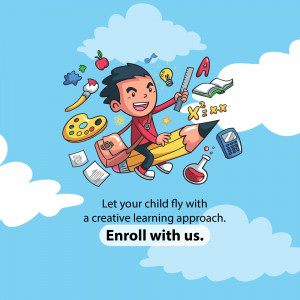 Illustration of a boy riding a pencil with school supplies, promoting creative learning.