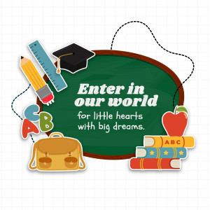 Back to school themed illustration with school supplies and a chalkboard.