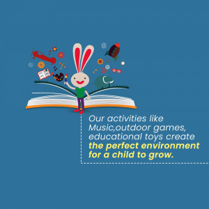 Illustration of a rabbit reading a book with toys and activities around it.
