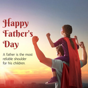 A little girl dressed as a superhero riding on her father's shoulders with a sunset background.