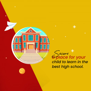 Illustration of a school building with a paper airplane and text promoting school enrollment.