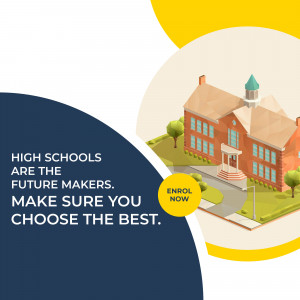 Illustration of a brick high school building with text promoting school choice.