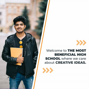 A young man holding books in front of a school building with promotional text.