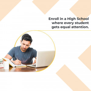 A student studying on a laptop with books and a coffee cup, promoting high school enrollment.
