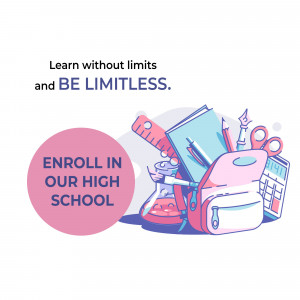 Illustration of school supplies spilling out of a backpack with text 'Enroll in Our High School' and 'Learn without limits'
