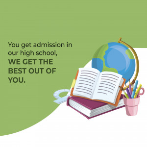 Illustration of books, a globe, and school supplies with text promoting high school admission.