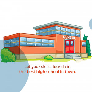 Illustration of a red and orange school building with the word 'SCHOOL' prominently displayed.
