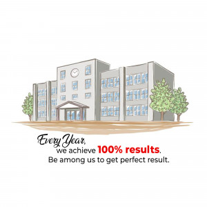 Illustration of a school building with a banner promoting 100% results.