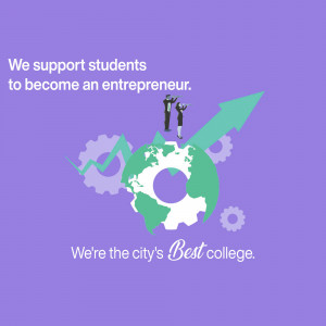 Illustration of students looking through a telescope at a globe with gears and an upward arrow, representing entrepreneurial growth.