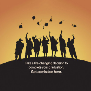 Silhouettes of graduating students throwing their caps in the air against a sunset background with text promoting admission.