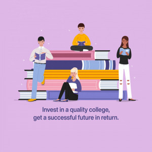 Illustration of students reading on a stack of books with the text 'Invest in a quality college, get a successful future in return.'