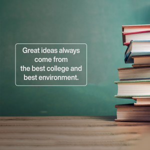 Stack of books with a quote about great ideas and college