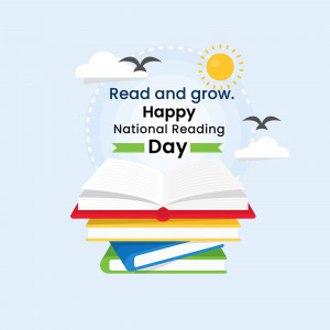 Illustration of a stack of books with a sun and clouds, celebrating National Reading Day.