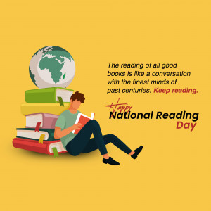 Illustration of a person reading books with a globe on top, celebrating National Reading Day.