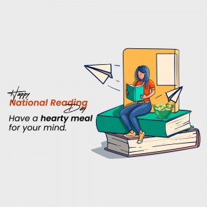 Illustration of a woman reading on a stack of books with paper airplanes, celebrating National Reading Day.