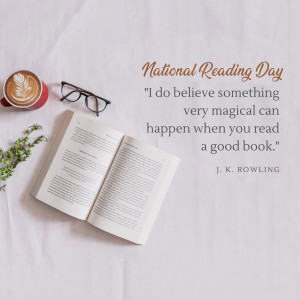 Coffee, glasses, and an open book with a quote for National Reading Day