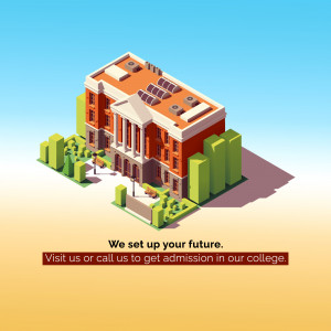 Isometric illustration of a college building with text promoting admissions.