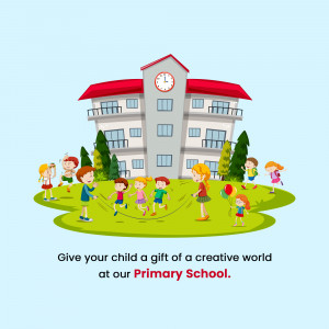 Illustration of children playing in front of a primary school building.