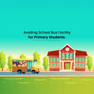 Illustration of a school bus picking up students in front of a school building.