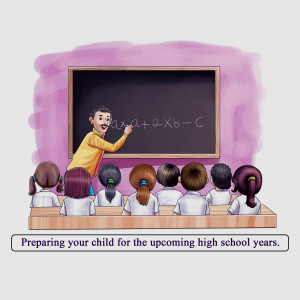 Illustration of a teacher explaining a math equation on a blackboard to a class of students.