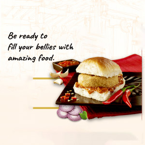 Close-up of a Vada Pav with chili and onions