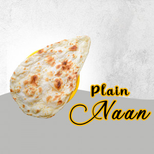 Close-up of a golden brown plain naan bread with text 'Plain Naan'
