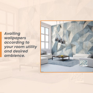 Living room interior with a striking geometric wallpaper design.