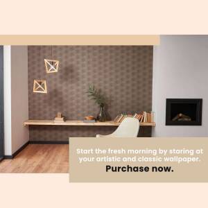 Modern living room with patterned wallpaper and minimalist decor