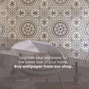 Close-up of a patterned wallpaper with a modern armchair