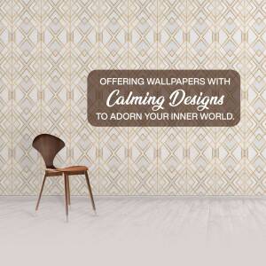 Interior design featuring a geometric wallpaper and a modern chair.