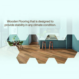 Modern kitchen interior with wooden flooring and a hexagonal design element.
