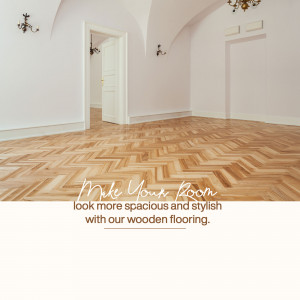 Interior view of a room with herringbone wooden flooring and an open doorway.