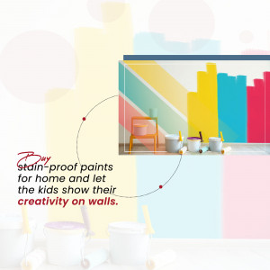 Colorful wall with paint cans and a stool, promoting stain-proof paints.