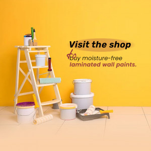 Ladder, paint cans, and painting tools against a yellow wall with text 'Visit the shop' and 'Buy moisture-free laminated wall paints'.