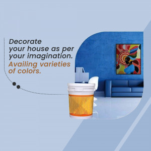 Interior design featuring a blue wall, a painting, and a paint bucket.