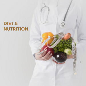 Doctor holding fruits and vegetables with a measuring tape, representing diet and nutrition.