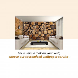 Living room with a feature wall covered in wood slices